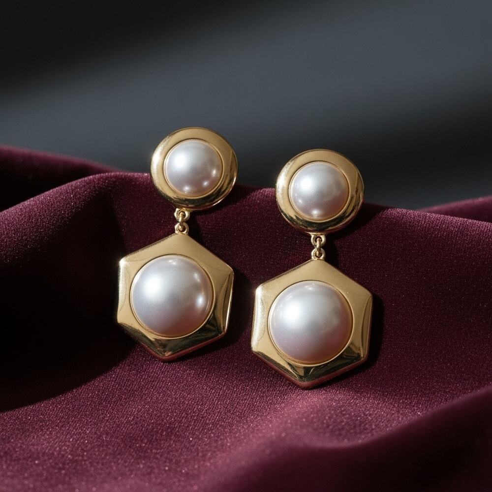 INC Gold Tone Hexagon Faux Pearl Drop Earrings Statement Dangle